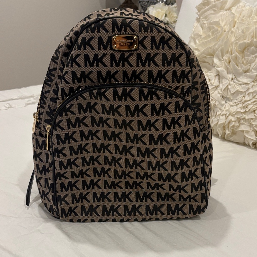 Michael Kors Brown and Black MK Logo Backpack with Gold Hardware